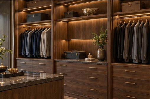 Fictional sample: hanging wall and drawers at Walnut Wardrobe Room