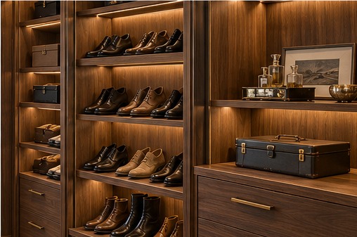 Fictional sample: shoe and accessory display at Walnut Wardrobe Room