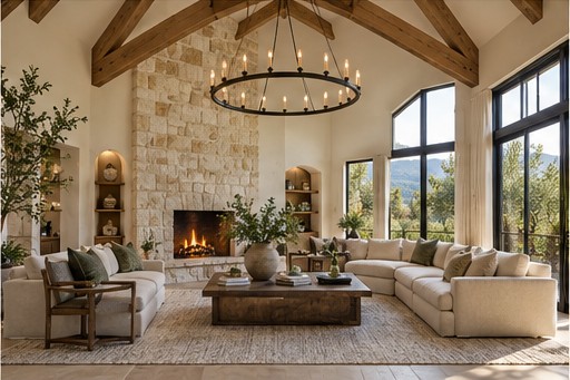 Fictional sample: vaulted living room at Hillside Farmhouse