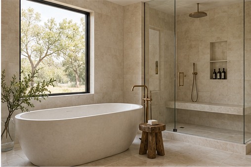 Fictional sample: tub and shower at Limestone Bath Retreat